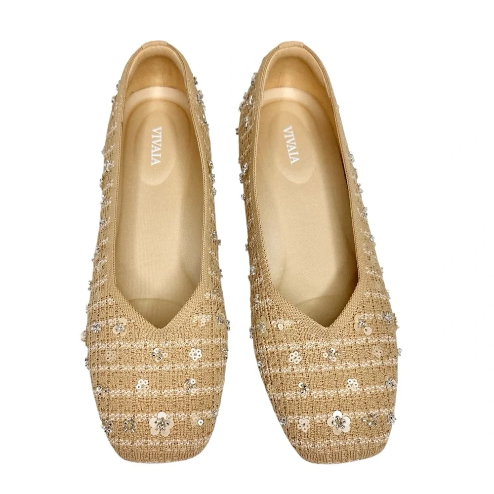 NEW Vivaia Square-Toe V-Cut Flats (Margot 2.0) Ballet Natural Linen SZ 9 - Picture 3 of 14